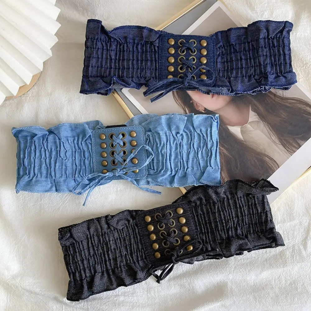 Cintura in pizzo con fascia elastica in denim di stoffa semplice Cintura femminile Cintura elastica a vita alta Cintura larga Corsetto