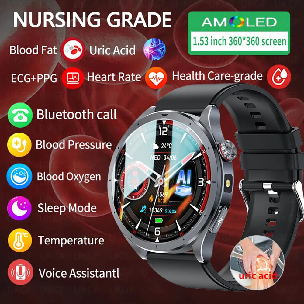 

New AI Micro Physical Examination Blood Lipids Uric Acid Blood Pressure Smart Watch Men ECG+PPG Clock Bluetooth Call Smartwatch