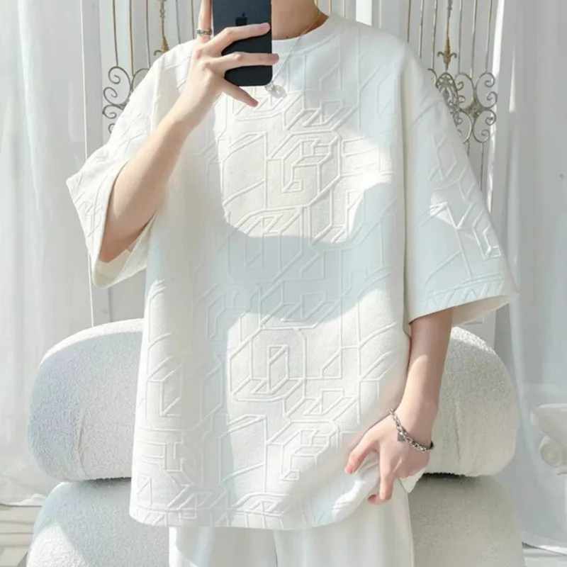 Korean Style Solid Men's Oversized Loose T-shirt 2026 Summer New Street Casual Short Sleeved T-shirt Tops Men Clothing