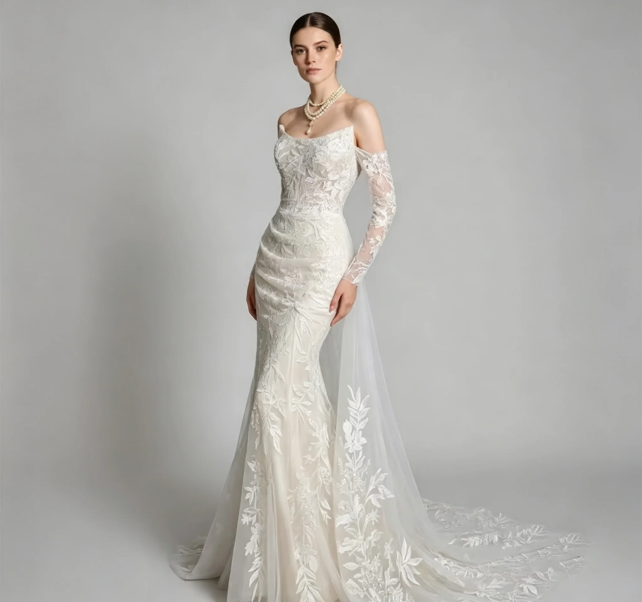 Off Shoulder Long Sleeve Lace Mermaid Wedding Dress Elegant Boat Neck Floral Embroidery Sheath Bridal Gown With Long Train Custo