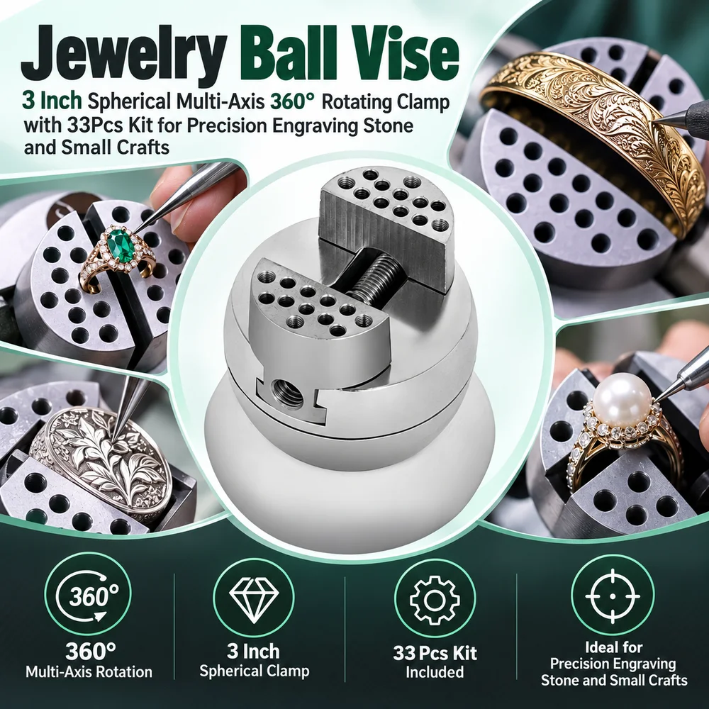 Jewelry Ball Vise, 3 Inch Spherical Multi-Axis 360° Rotating Clamp with 33Pcs Kit for Precision Engraving Stone and Small Crafts