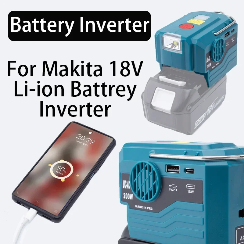 

200W Portable Inverter for Makita 18V Li-ion Tool Battery B Series Li-ion Battery with 280LM Light (Without Battery)