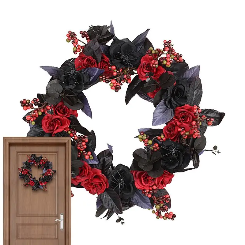 Halloween Door Wreath Spooky Artificial Garland With Rose Leaves Halloween Wreath Decorations Door Sign For Parties Supplies