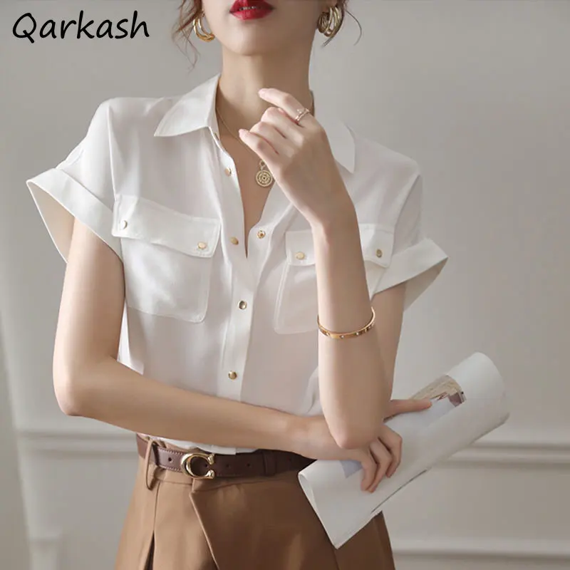 

Shirts Women Simple Temper Summer Tops Ulzzang Chic Pockets Fashion Elegant All-match Streetwear Classic Lapel Mujer Clothing