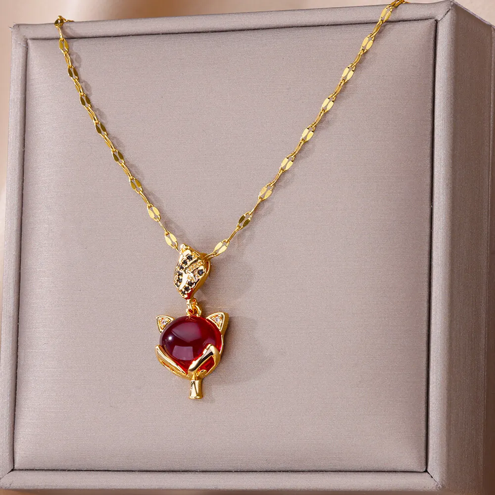 Red Glass Stone Fox Necklaces For Women Gold Color Stainless St eel Natural Stone Fox Necklace Wedding Party Jewelry Gift