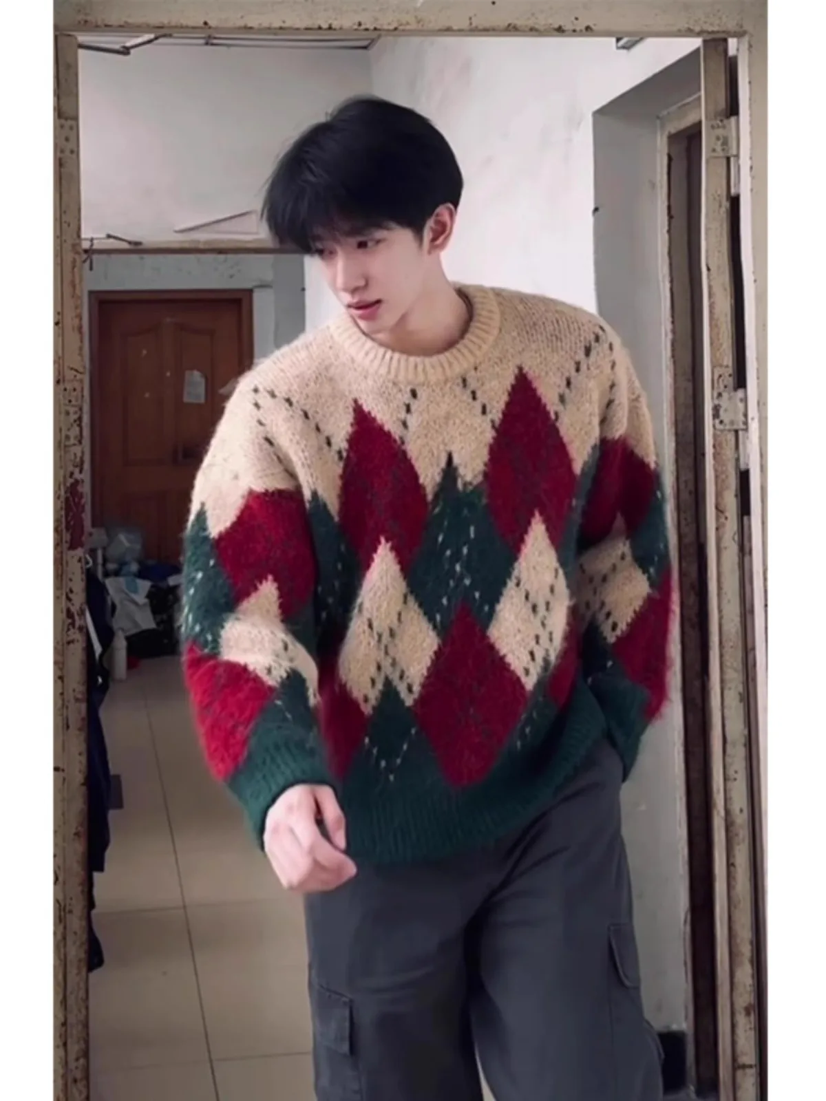 

Красный мужской вязаный свитер Cisas id, зимний, в американском ретро-стиле, с узором Fair Isle, базовый слой, шерстяной, повседневный, свободного кроя