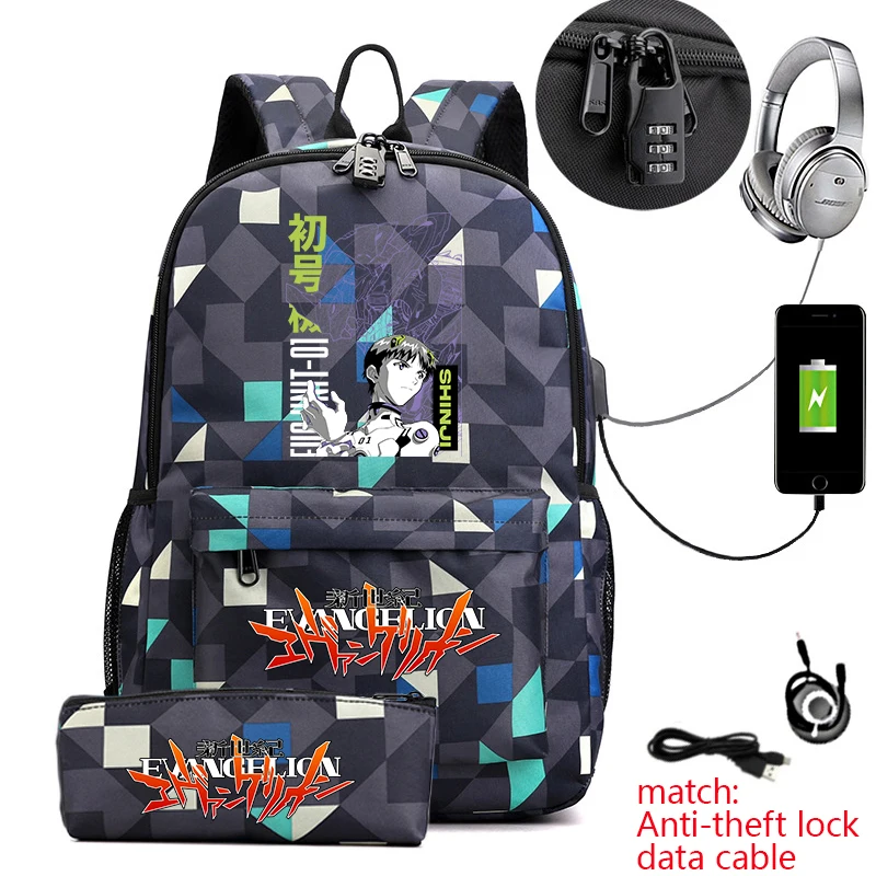 Evangelion Anime Print Student Anti-Theft Backpack Casual Daypack with Pencil Case for Boys Girls School Bag