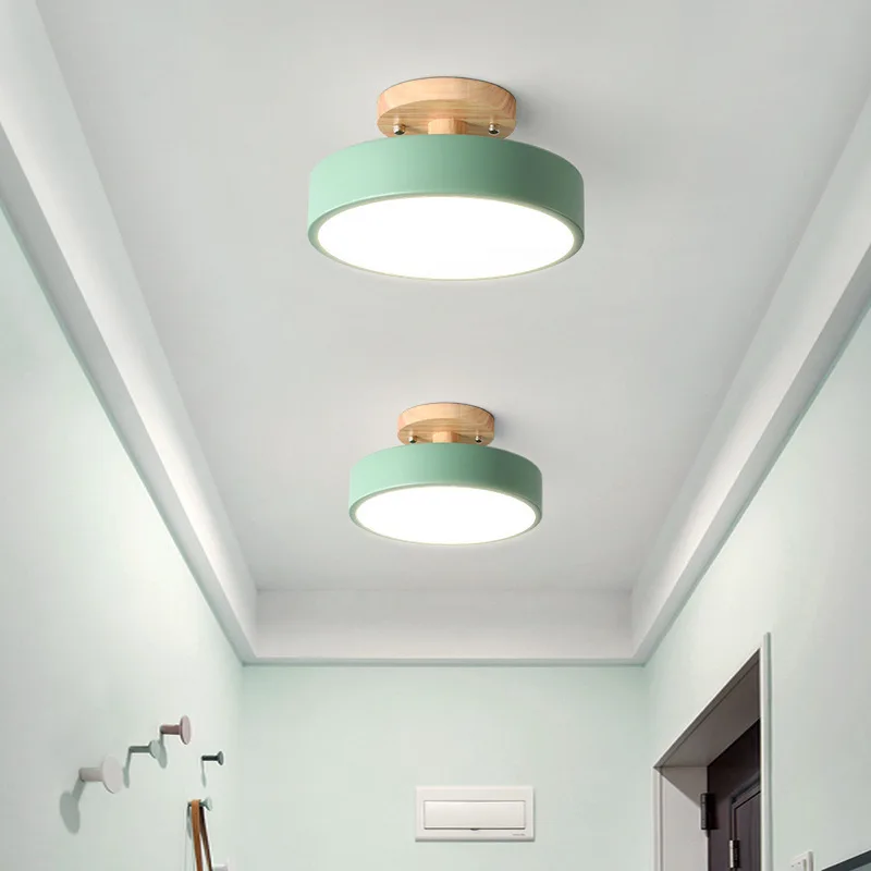 Nordic LED Ceiling Light with Wood Base Modern Round Flush Mount Ceiling Lamp for Bedroom Living Room, Colorful Macaron Lighting