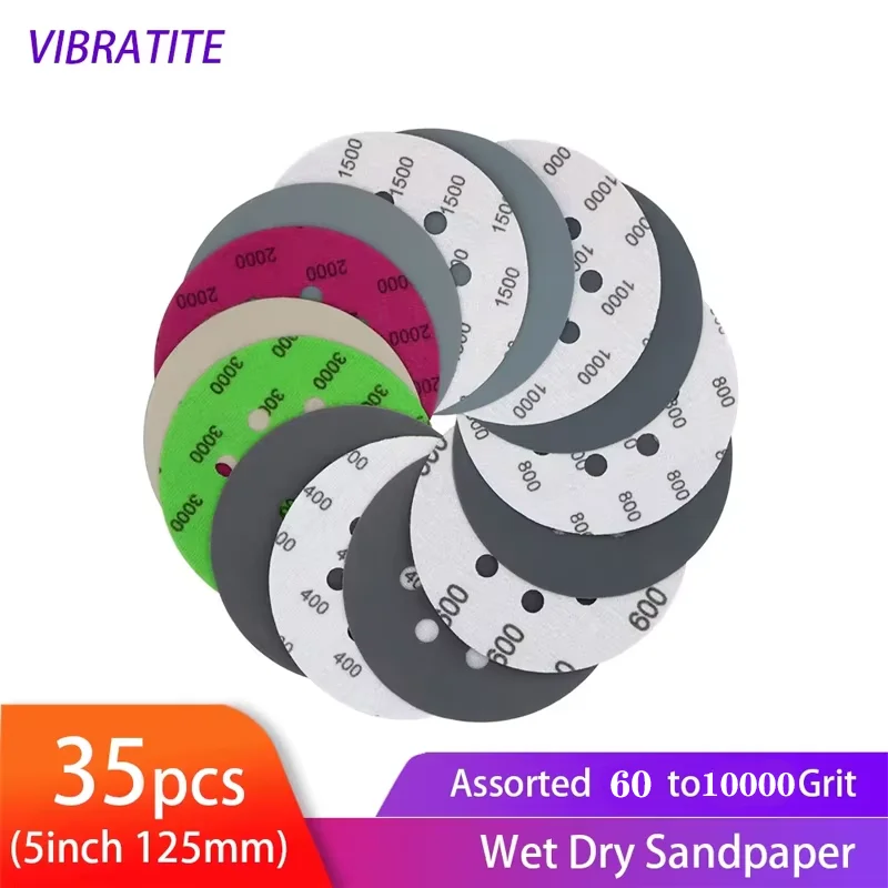 VIBRATITE 5 Inch 8 Holes Sanding Discs 35Pcs Hook&Loop Wet Dry Sandpaper Assorted 60-10000 Grit for Wood Metal Plastic Polishing