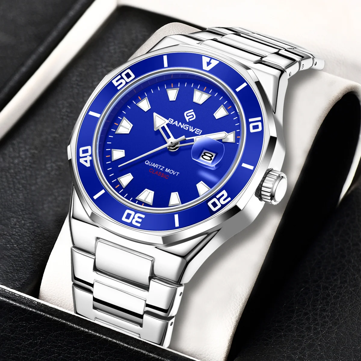 BANGWEI модные мужские деловые часы водонепроницаемые кварцевые наручные часы из нержавеющей стали классические светящиеся спортивные часы для мужчин + коробка