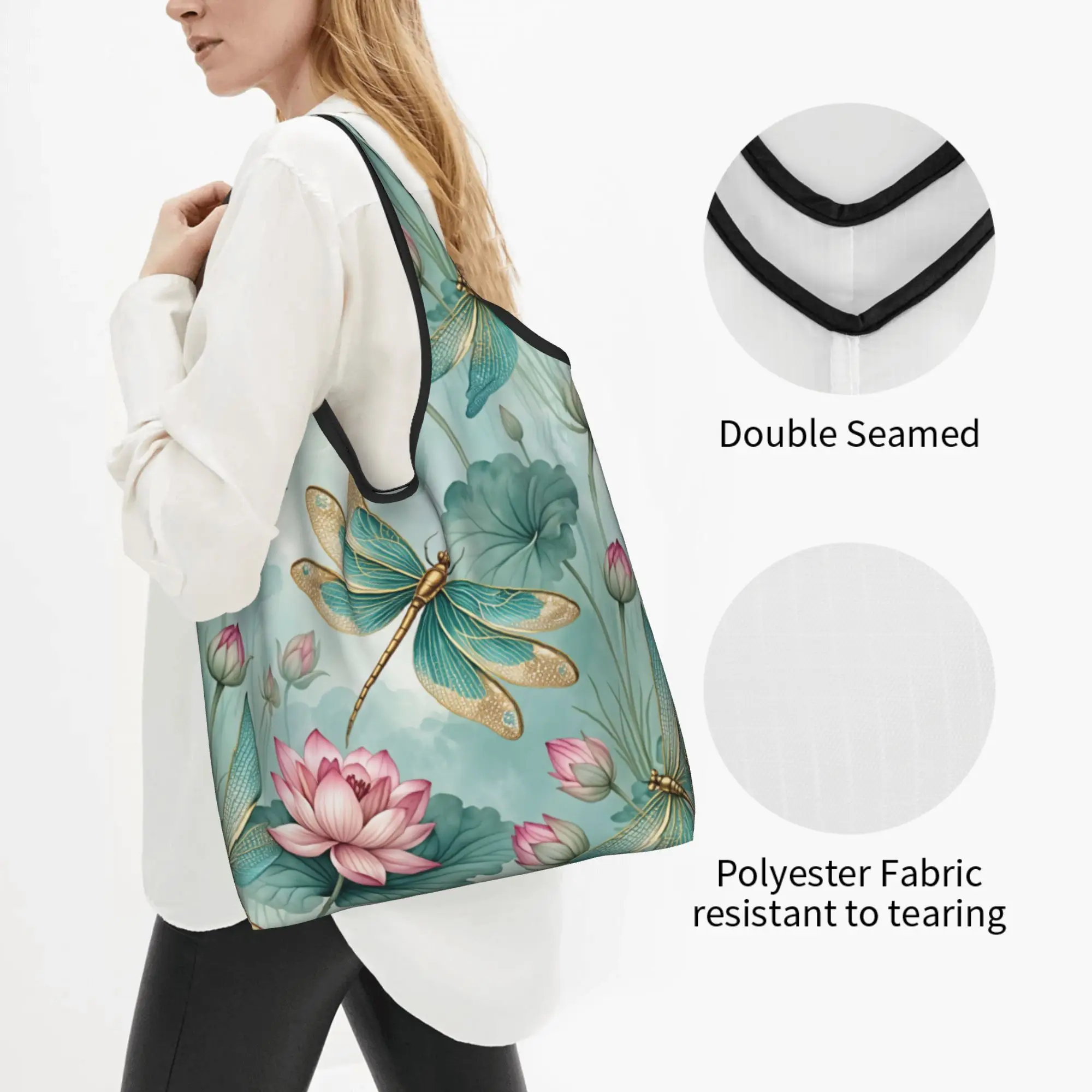 Funny Print Dragonfly Turquoise Gold Luxury  Tote Shopping Bag Portable Shopper Shoulder Oriental Motif  Handbag