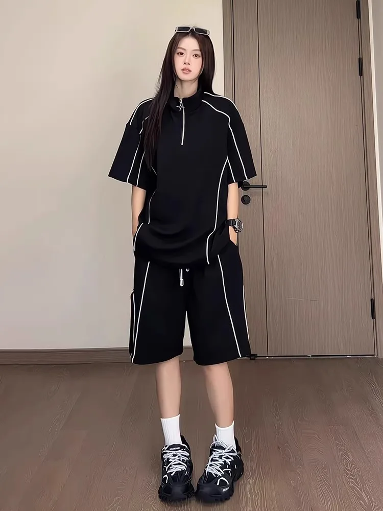 

Bla Stripe f Zip ort Sve irt Мужской летний повседневный спортивный комплект с американским воротником orts One Set Youth Faion