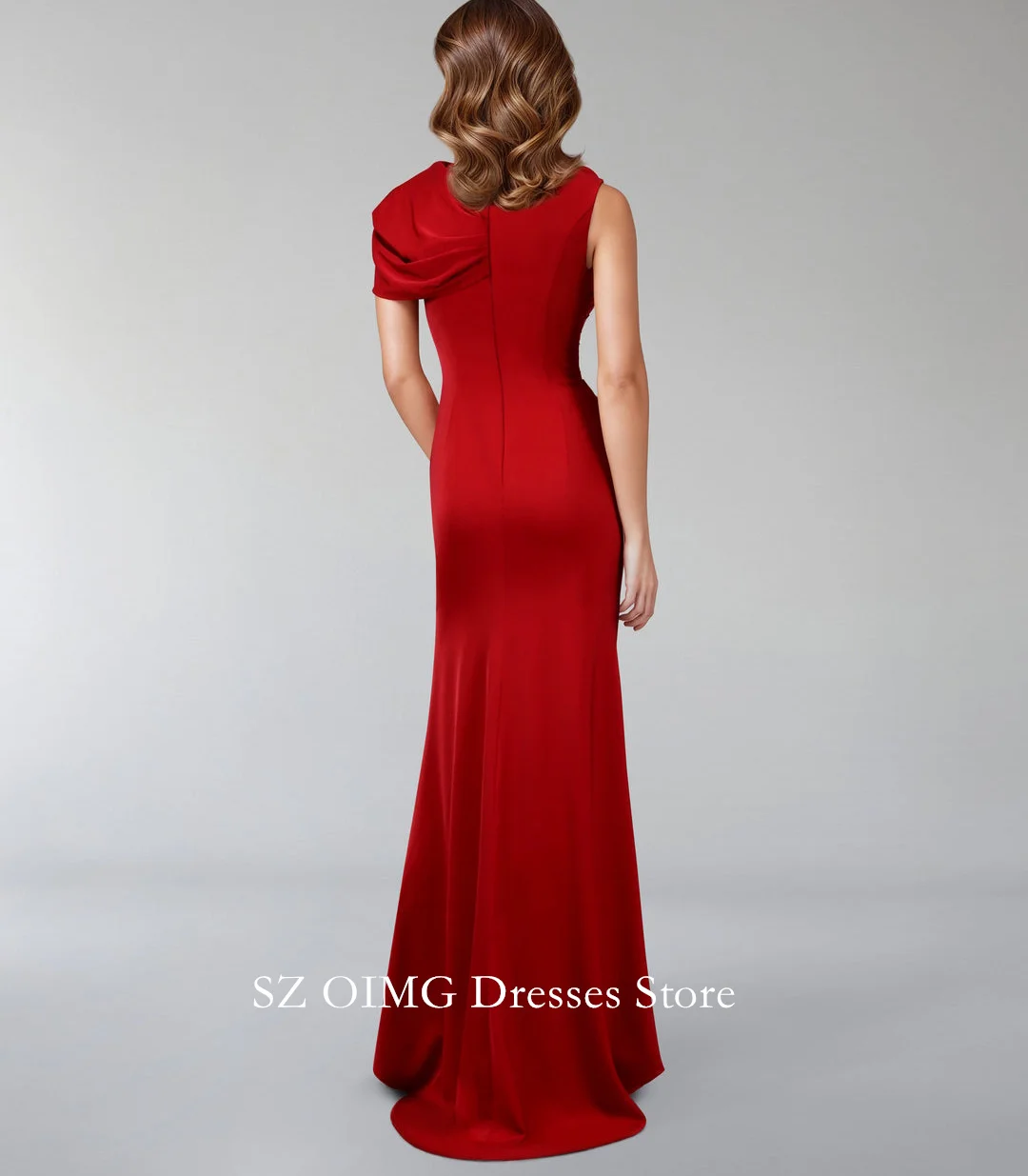 OIMG Satin Classic Red Prom Dresses Sleeveless Dress with Side Capelet and 3D Flowers  Women Evening Gowns Formal Party Dress