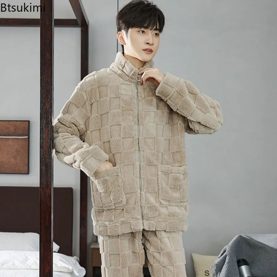 

Men's Thicken Warm Pajamas Sets Flannel 2 Piece Sets Sleepwear Male Autumn Winter Home Suit Soft Nightwear Pijama Loungewer 2025