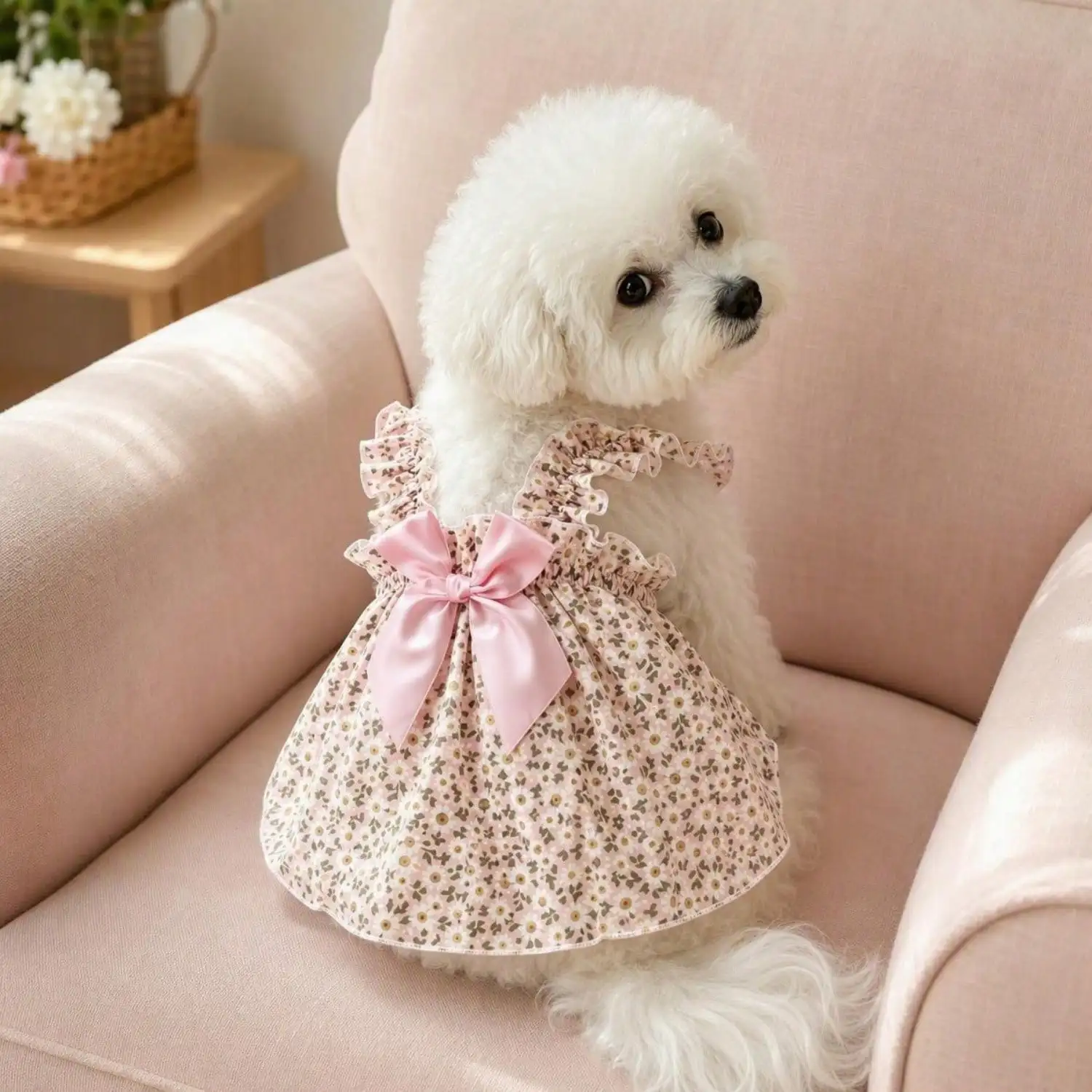 Sommerkleid für Haustiere, ärmellos, mit Blumenmuster, Rüschenriemen, großer Schleife als Dekoration für kleine Hunde, für den täglichen Gebrauch und Partys. – Detail 32