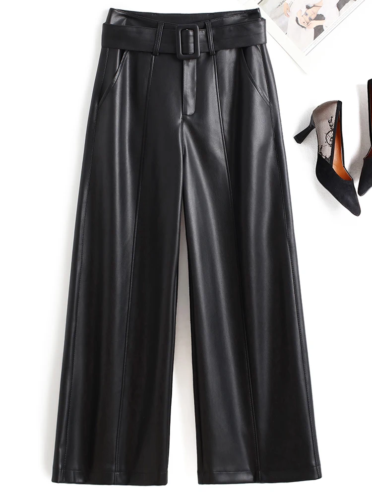 خريف شتاء NewHigh حزام خصر فضفاض عادية الكاحل طول بنطلون المرأة موضة بولي Leather الجلود تنوعا مستقيم الساق السراويل #1