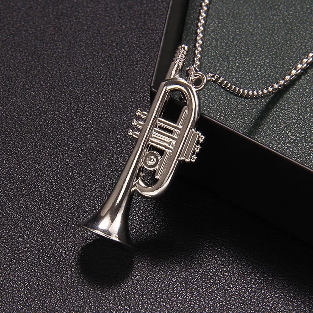 Metal Trumpet Necklace Mens Alloy Silvery Instrument Pendant Necklaces Long Chain Chokers Men\'s Rock Band Jewelry Charms Gifts