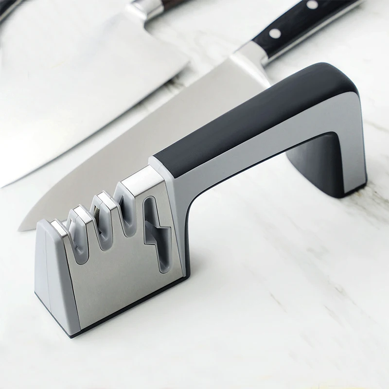 4 in 1 Knife Sharpener with Non-Slip Base, Kitchen Scissors Sharpener Tool, Quickly Restores Dull Blades, Easy to Use