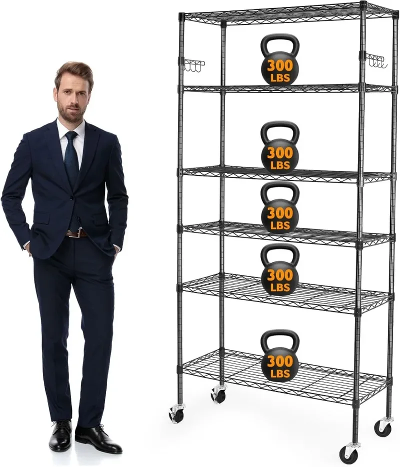 

6 Tier Storage Shelves with Wheels, 2100lbs Capacity Heavy Duty Shelving Units, 14x36x75inch Adjustable Metal Shelf Wire Shelvin