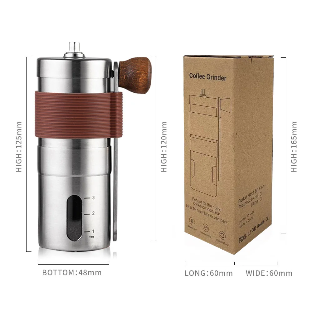 Hand Cranked Coffee Bean Grinder Stainless Steel Can Make Different Sizes Transparent Powder Bin Design for Cafe Outdoor