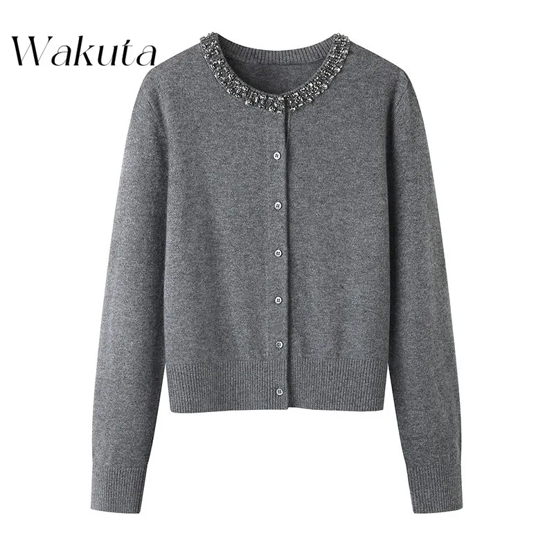 WAKUTA Korean Retro O-neck Long-sleeved Solid Knitted Top Fashion Bead Embroidery Flowers Slim Thin Single-breasted Knit Sweater