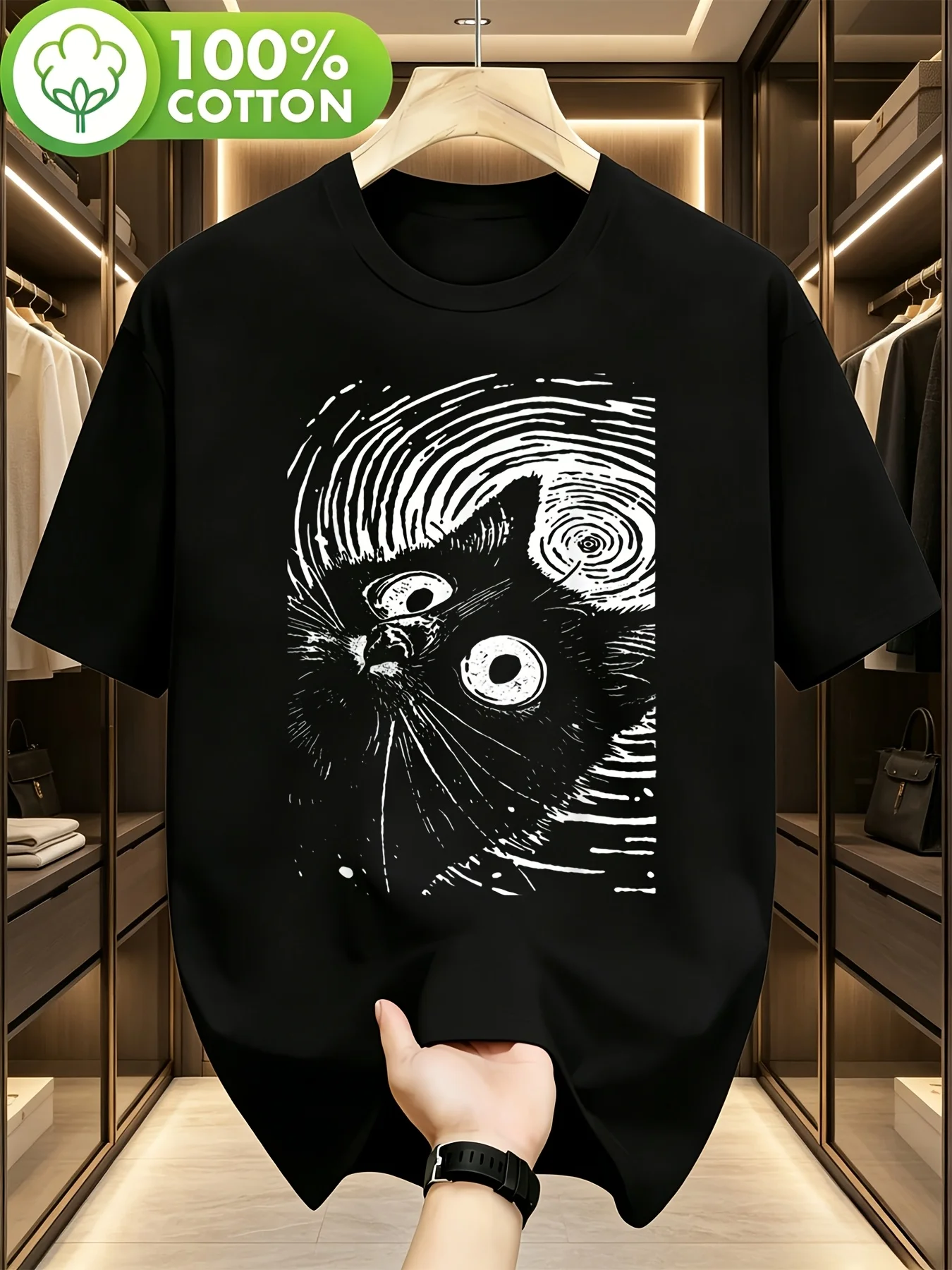 Neutral Psychedelic Cat Gothic Punk T-shirt with Psychedelic Cat and Bizarre Font Pattern - Suitable for Daily Fitness and  Wear