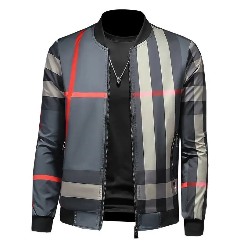 Men\'s jacket 2024 spring and autumn new slim handsome classic plaid trend large size striped baseball jacket men