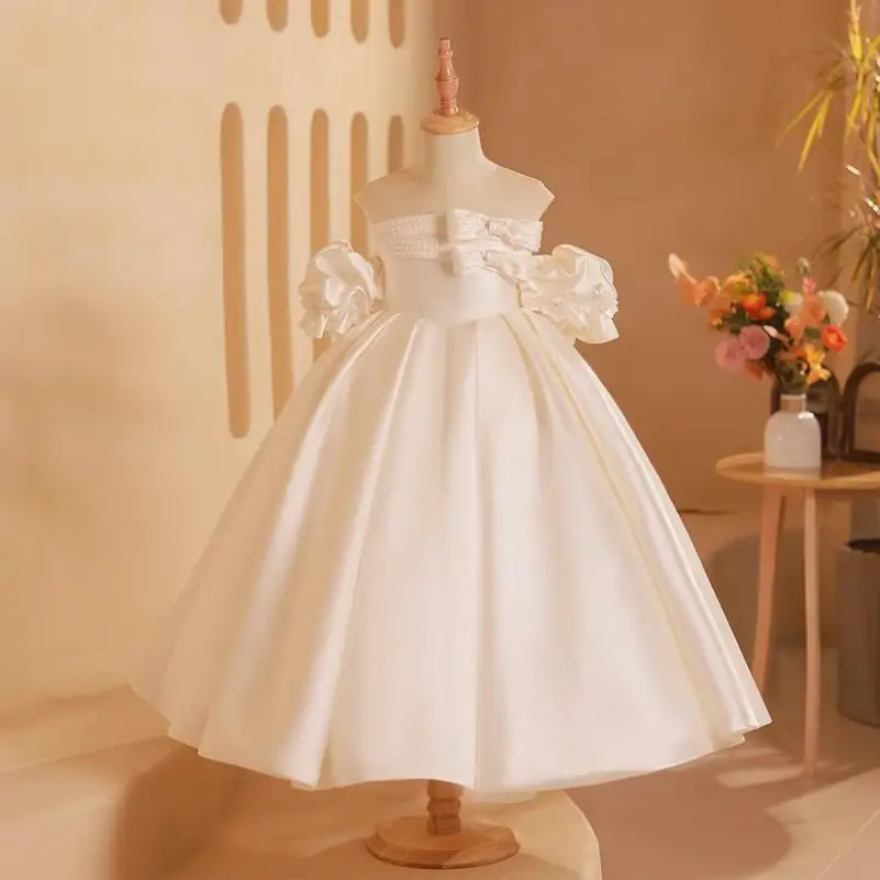 

2023 New Girls White Graduation Performance Dress Kids Catwalk Host Piano Perform Wedding Birthday Party Evening Gown A2785