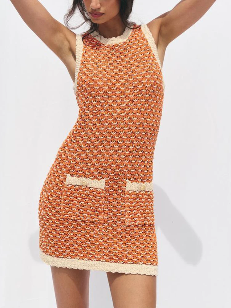 

European and American style summer new products Women's clothing Textured knitted sleeveless round neck mini dress