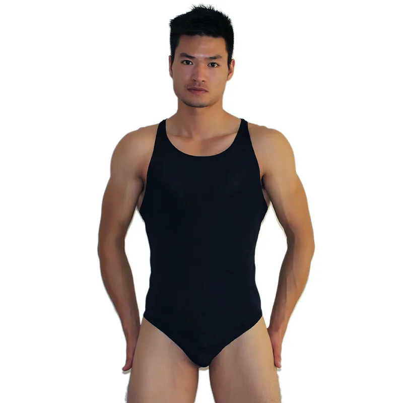 Men's Solid Nylon Sleeveless Bodysuit Smooth High Elastic Comfortable Sexy One-Piece Swimsuit