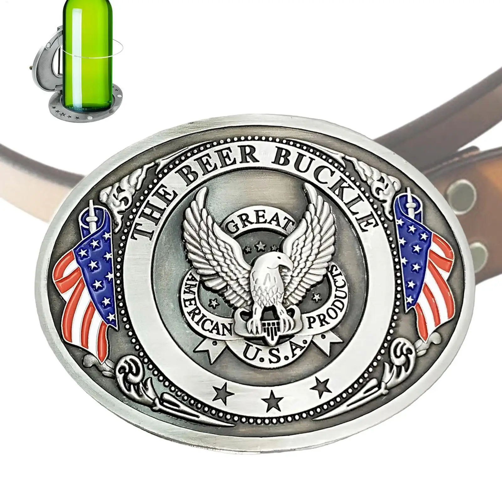 Belt Buckle Beer Holder for Men Vintage Eagle Bull Head American Flag, Metal Cup Holder for Beer Soda Can Water Bottle Party