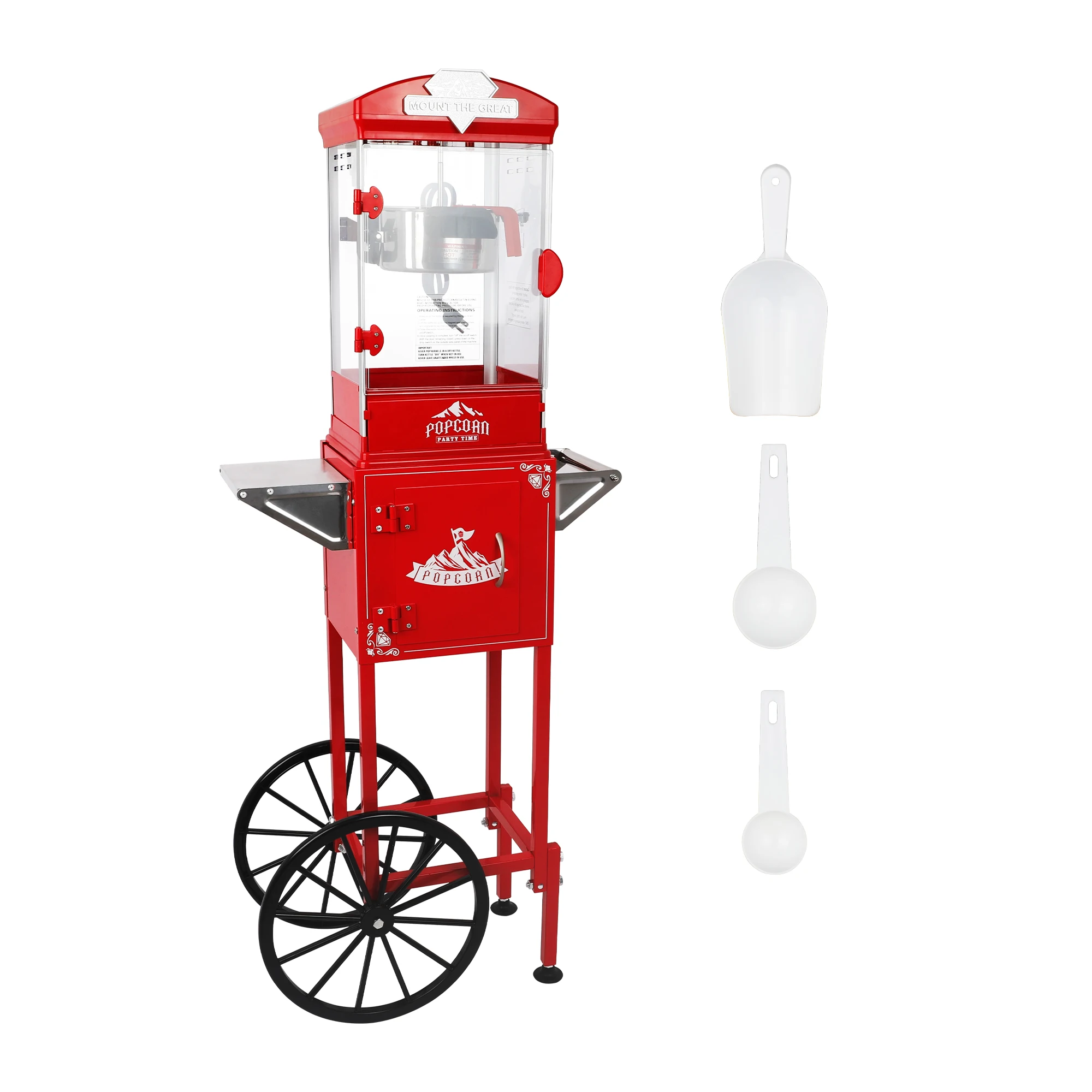 Commercial Popcorn Machine with Cart ,Wheels & 10 Oz Kettle Popcorn Maker Measuring 3 plastic spoon Home Theater Hotel Movie for Sale Snacks Popcorn Maker