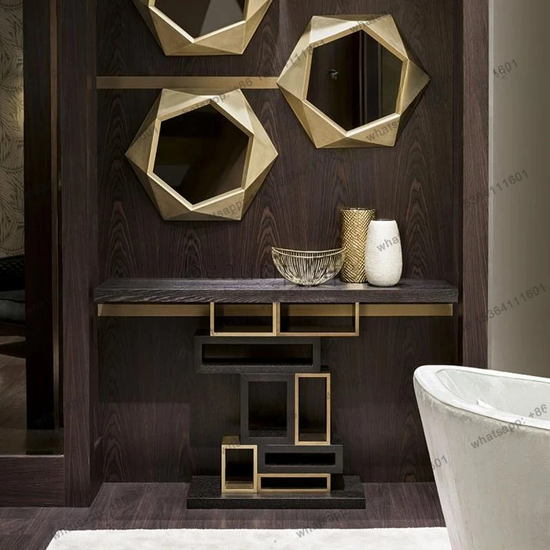 

Light luxury simple stainless steel solid wood against the wall entrance table entry living room high-end fashion partition rack