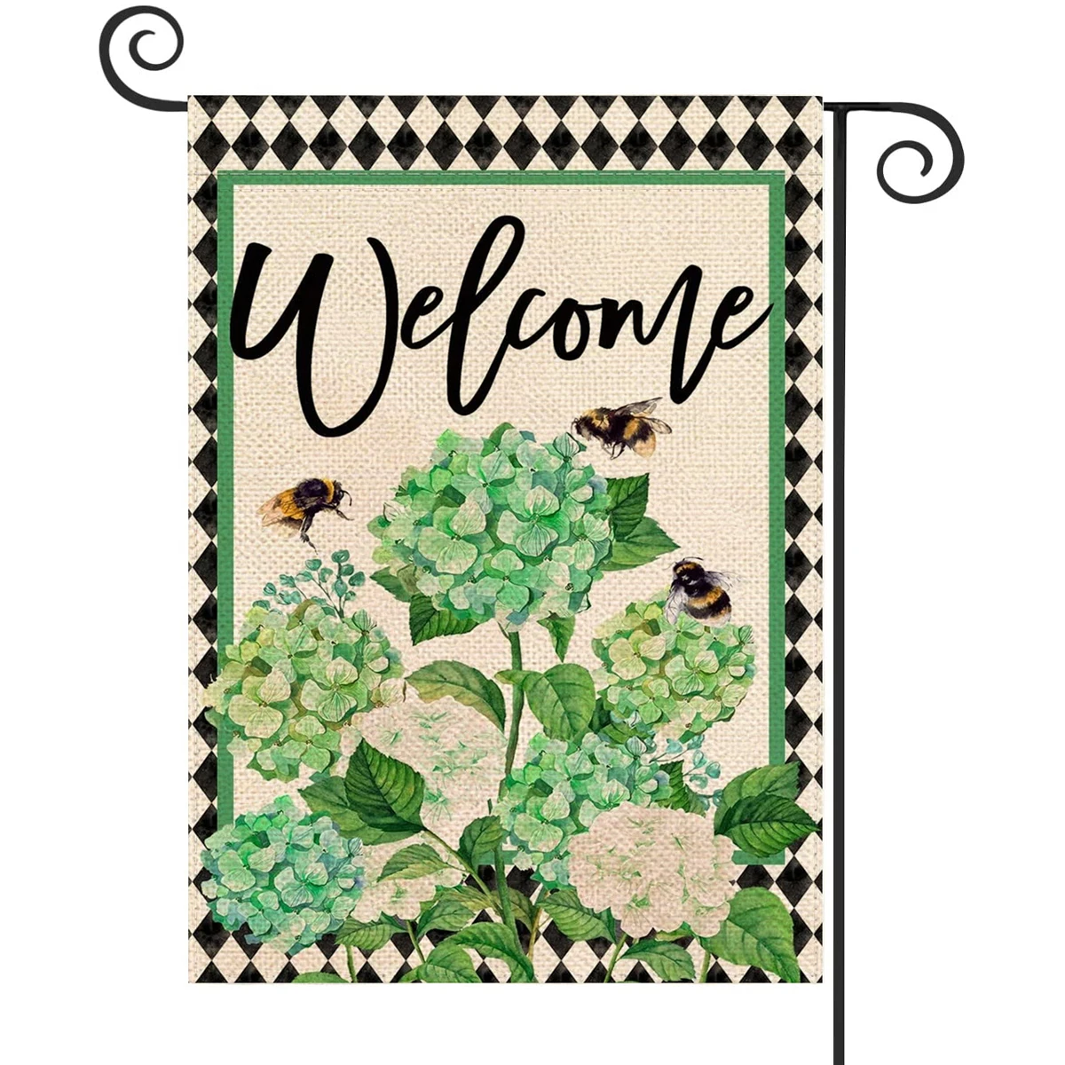 1PC  The green hydrangea bee Pattern Linen Cotton Garden Flag Banner Indoor Outdoor Home Garden Hanging Decor