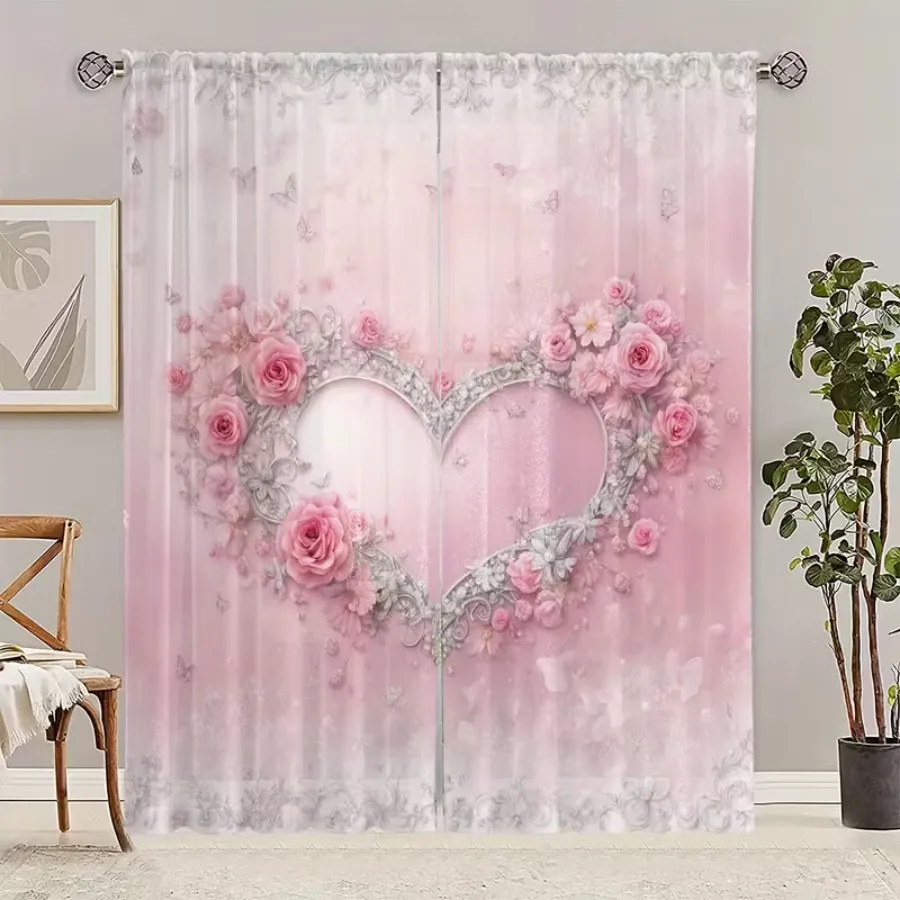 2PCS Digital Print Sheer Curtains, Heart Shaped Pink Roses, Romantic Valentine Floral Love for Bedroom Living Room Home Decor