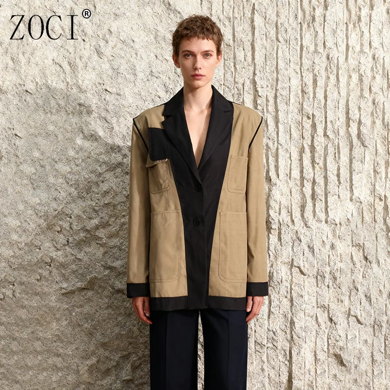 

ZOCI Women's Stitching Color Blazers Korean Fashion Suit Jackets Pockets Notched Collar Coat For Female Fashion Tops 2025 New