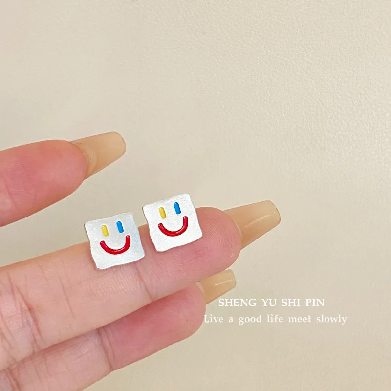 Stylish Metal Smiley Face Square Stud Earrings for Women,Trendy Cute Cartoon Minimalist Jewelry Gift Wholesale