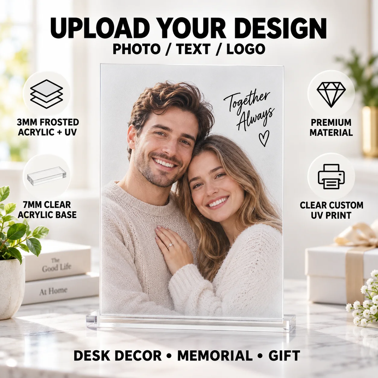 Personalized Acrylic Photo Plaque Custom Picture Text Commemorative Sign Desktop Display Stand for Wedding Party Decor