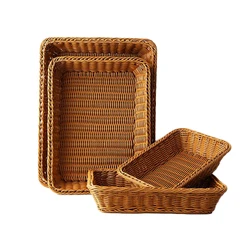 Basedidea Rectangle Bread Basket Rattan Storage Basket Food Fruit Vegetable Serving Basket Supermarket Restaurant Display Tray