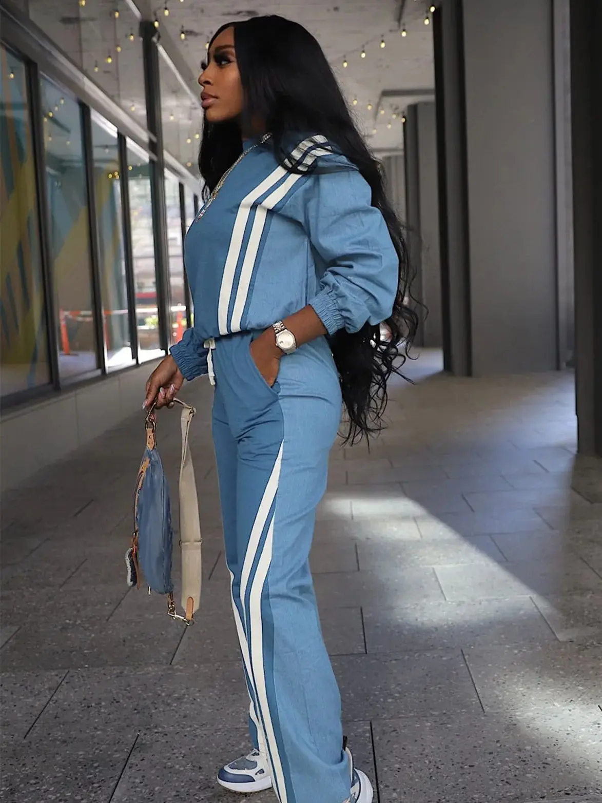 Weird Puss Herbst Trend 2-teiliges Set Damen Streifen Patchwork Vollarm Pullover + Kordelzug Hose Lässiger sportlicher Straßentrainingspak