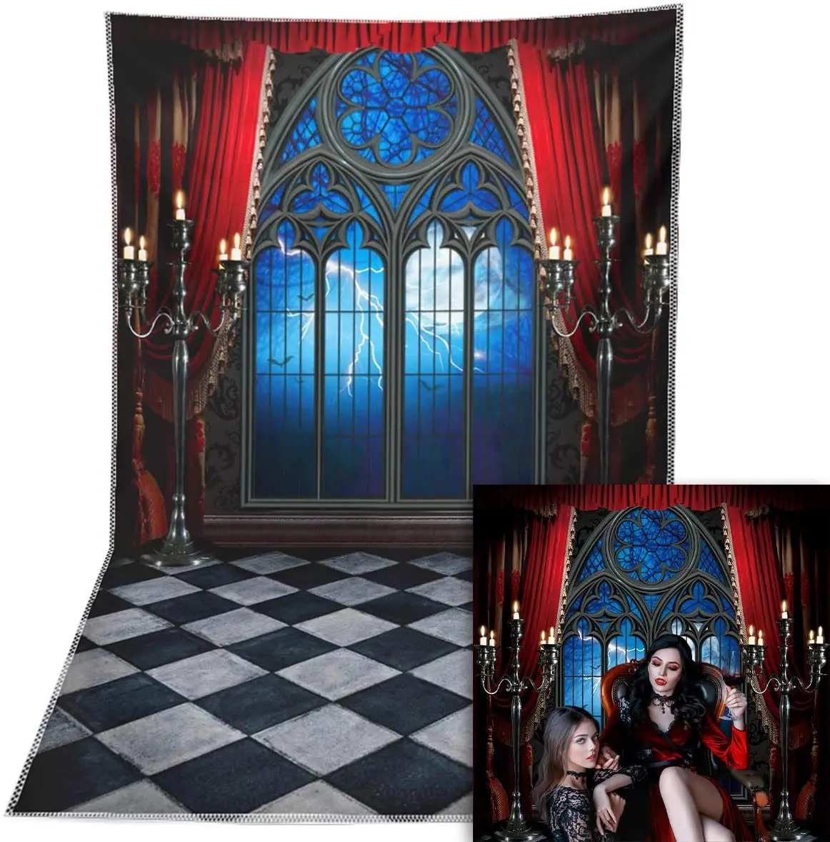 Halloween Backdrop Vampire Medieval Castle Gothic Window Moon Bats Photography Background Birthday Party Supplies Decorations