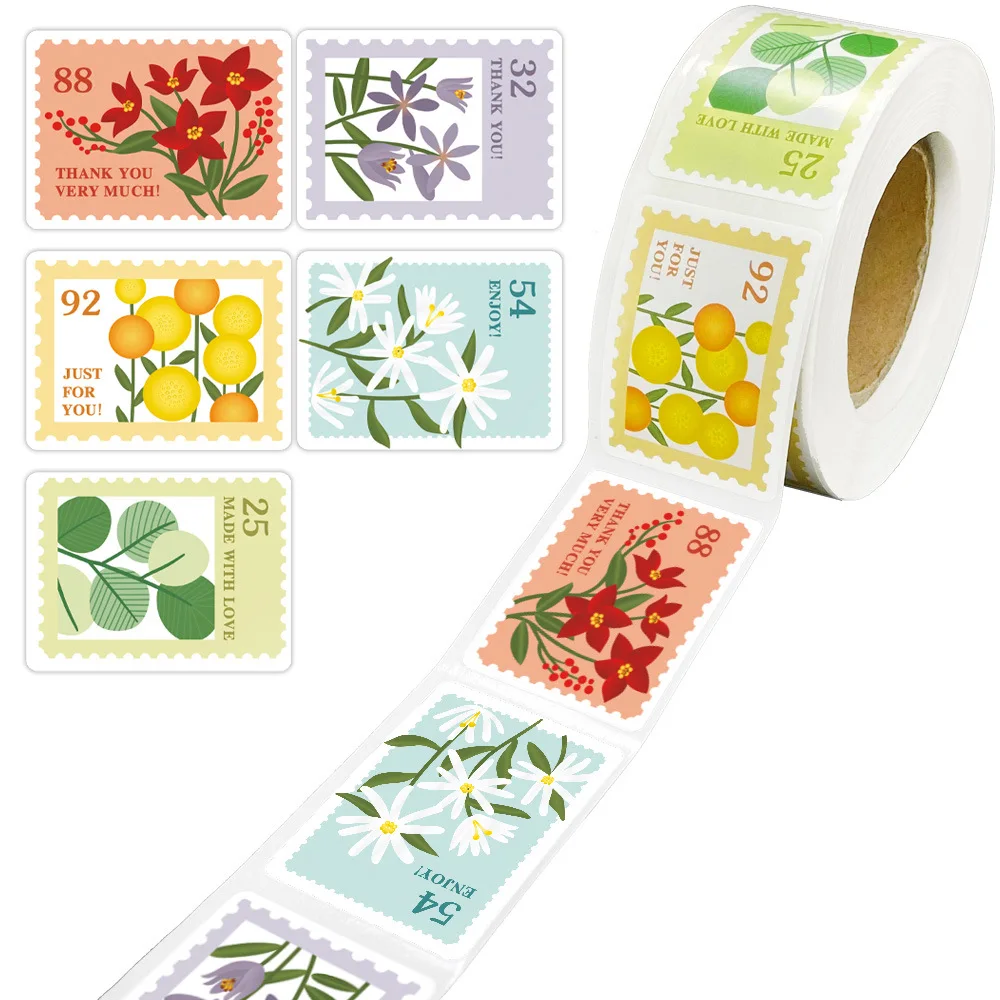 500/1000pcs Vintage Floral Stamp Roll Stickers, Thank You Flower Sealing Labels for Gift Packaging DIY Journal Decor