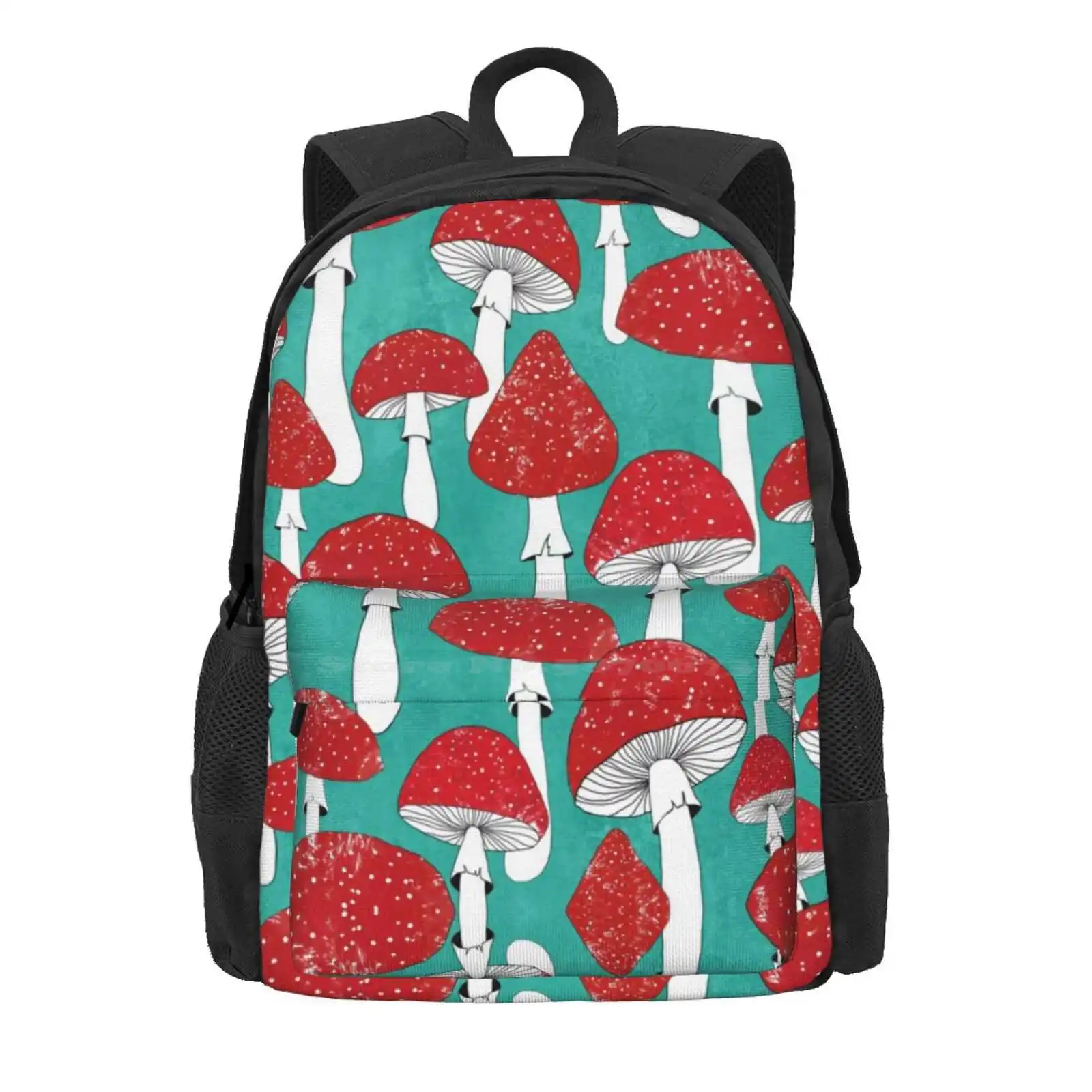 Red Mushrooms On Turquoise Blue Hot Sale Schoolbag Backpack Fashion Bags Red Mushrooms Turquoise Blue Mushrooms Drawing