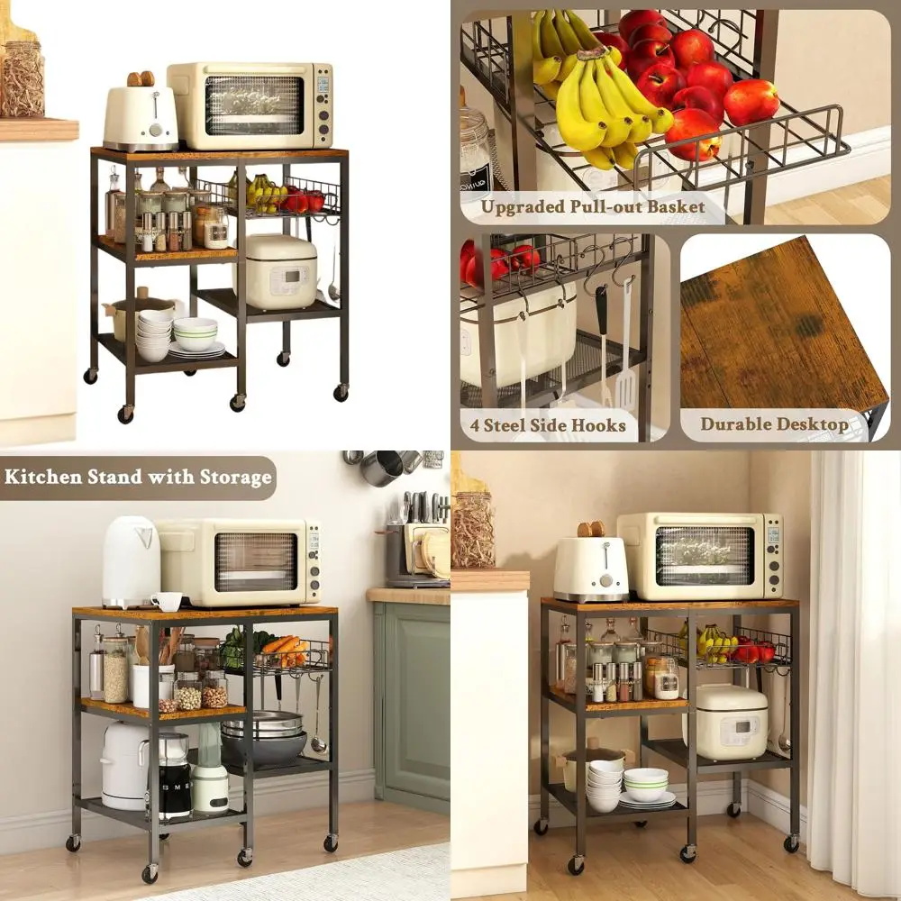 

4-уровневая передвижная кухонная тележка с регулируемой подставкой для микроволновой печи и местом для хранения для кухни, офиса, гостиной