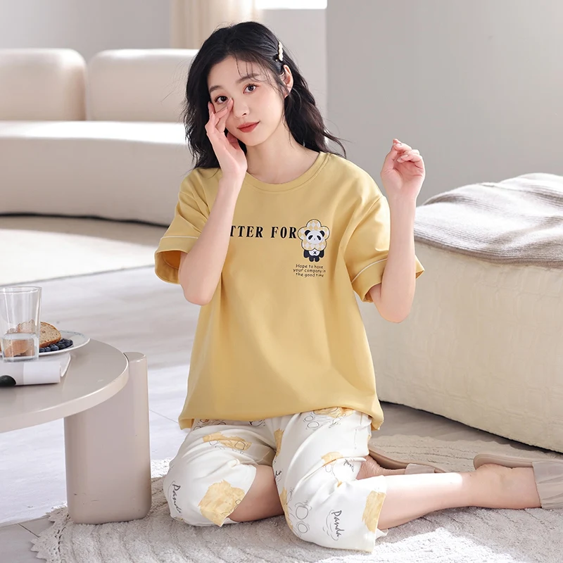 2024 Summer 100% Cotton Print Short Sleeve Knee Length Pajama Sets for Women Korean Loose Sleepwear Pyjama Homewear Home Clothes