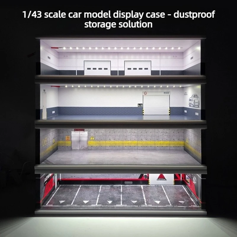 

Модель гаража-парковки для автомобилей 1:43 из ПВХ с акриловой пылезащитной дверью, для демонстрации радиоуправляемых дрифт-машинок, с LED-подсветкой