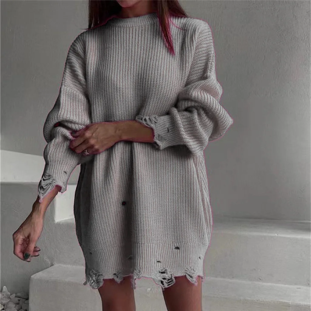 Loose Solid Color Holed Sweater Mid-Length Autumn and Winter European and American Spring and Autumn Round Ropa Para Mujer