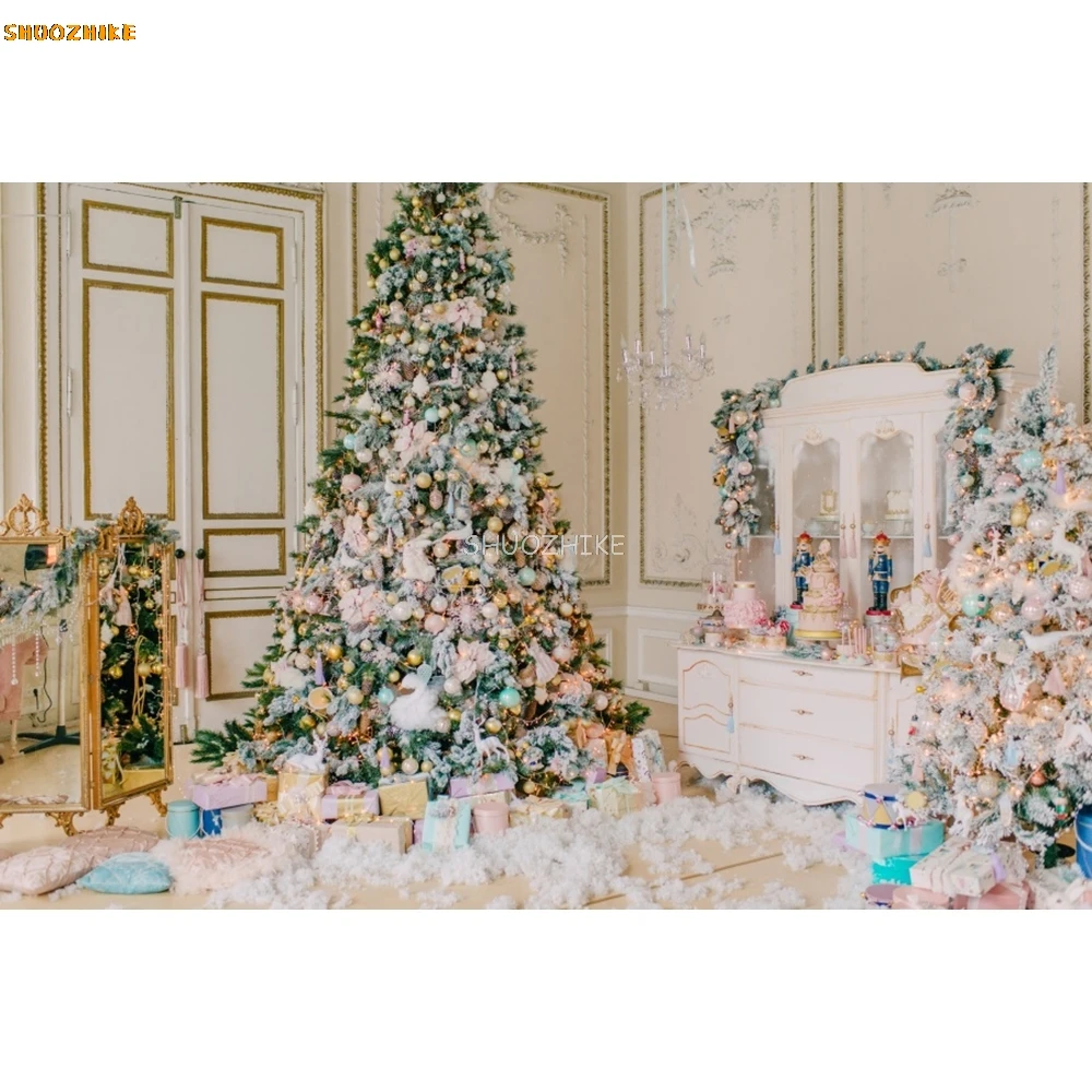 Merry Christmas Backdrop Xmas Tree Fireplace Gift Window Family Baby Portrait Party Photography Background Decor Photo Studio