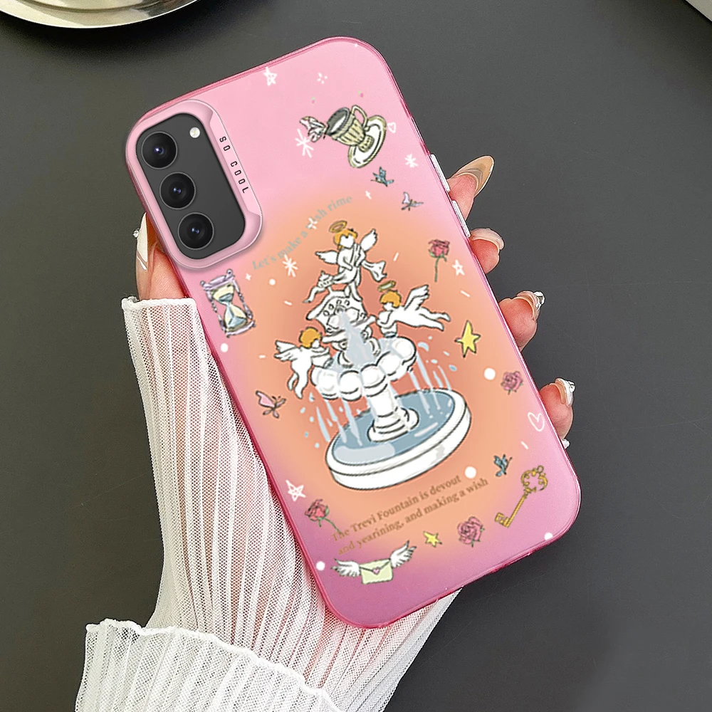 Cupid Angel Fountain Phone Case For Samsung S23 S24 S22 A71 A55 ULTRA PLUS FE Electroplated Silver IMD Laser Color Shell