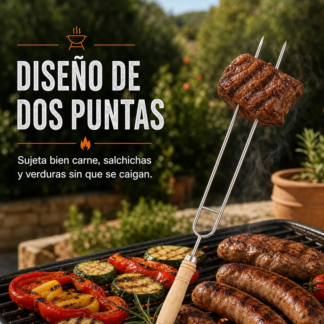 Tenedor para Barbacoa de Acero Inoxidable 42cm con Mango de Madera Antideslizante, Horquilla de Dos Puntas para Parrilla, Carne y Salchichas, Herramienta de Cocina Resistente al Calor